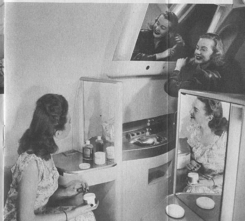 1950s The spacious ladies restroom and lounge on a Pan Am Boeing 377 Stratocruiser